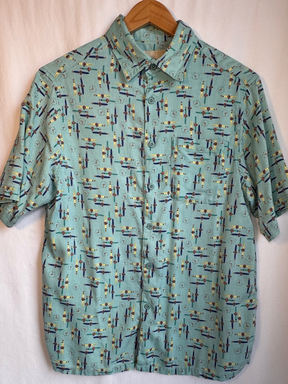 Vintage Silk Circa 1969 100% Silk Novelty Watch Print Camp Shirt Mens M